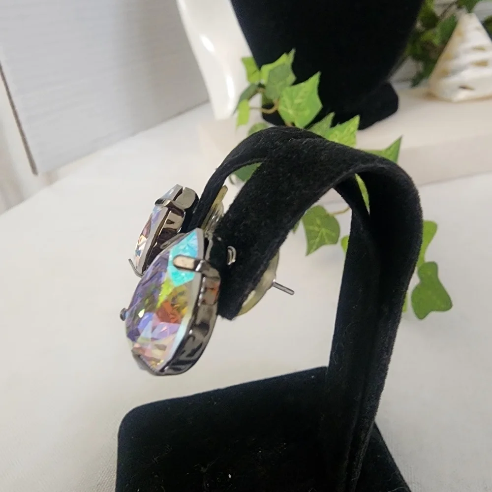 Silver Gunmetal Necklace with AB Crystal Teadrop and Matching Earrings Set